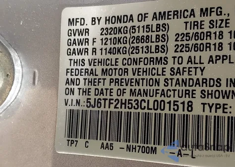 2012 Honda Crosstour Ex-L from USA, damaged, VIN 5J6TF2H53CL001518